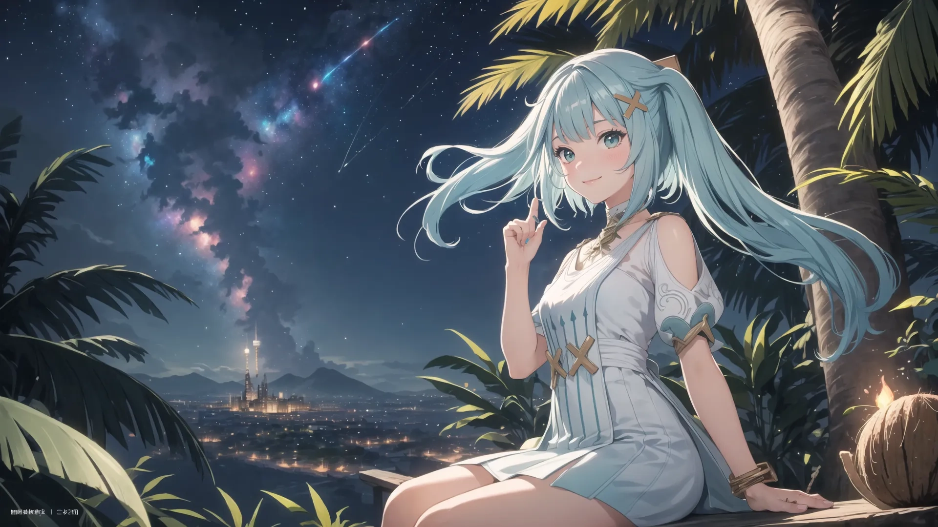 a woman with white hair sitting on a rock next to palm trees, holding her finger up and looking to the sky and a night sky