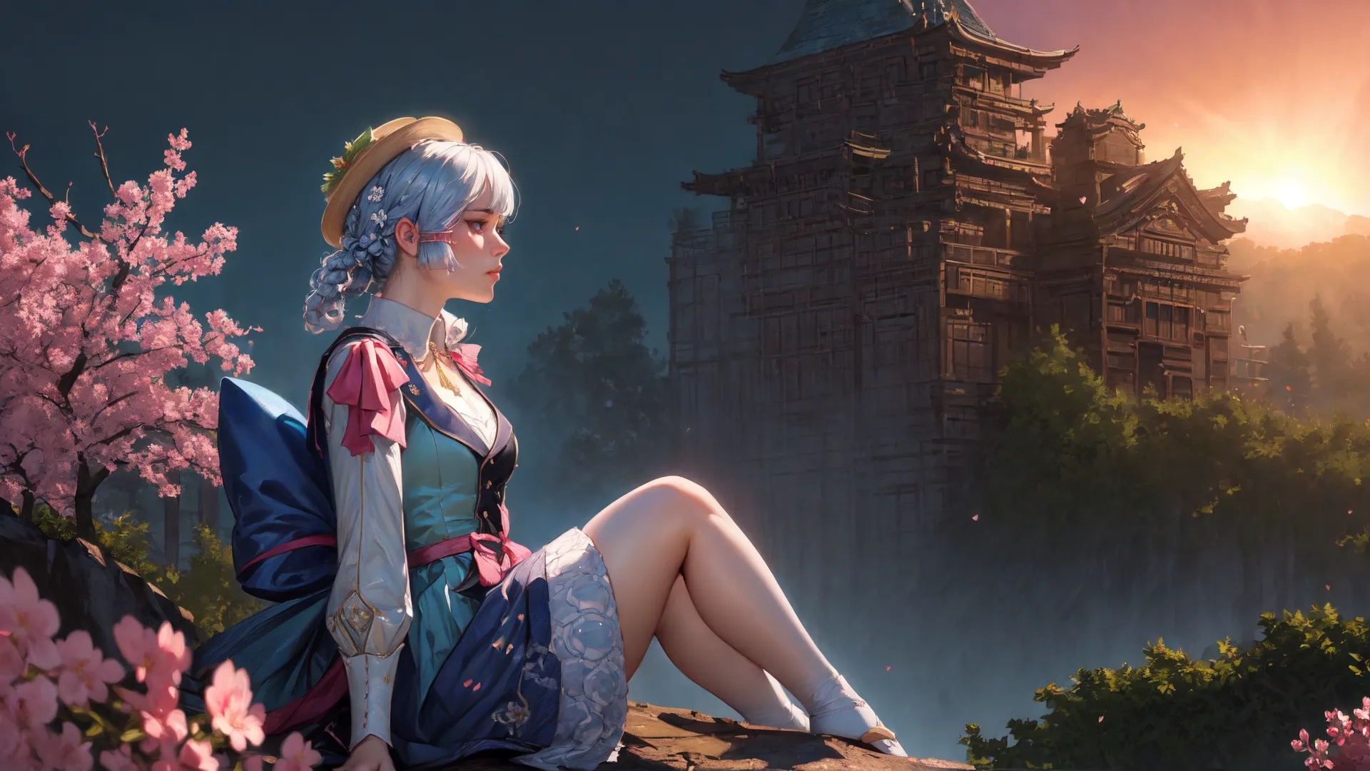 the woman is sitting in a flowered field surrounded by a house and an enormous tree filled with pink flowers, along with the buildings in the backdrop of the evening sky