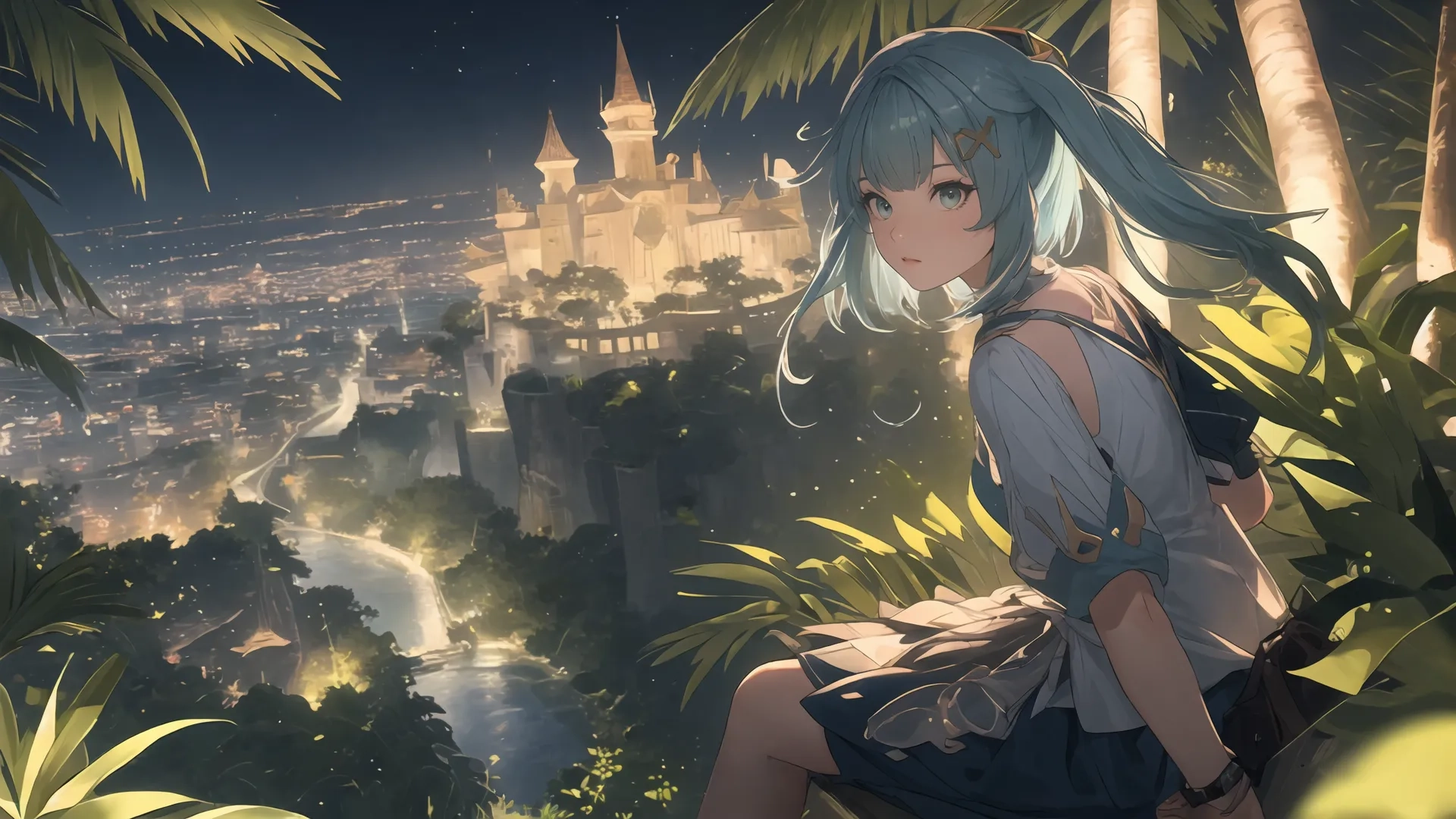 a beautiful woman sitting next to trees with foliage and a castle in the background and birds coming out from behind her wearing dress to fly overhead