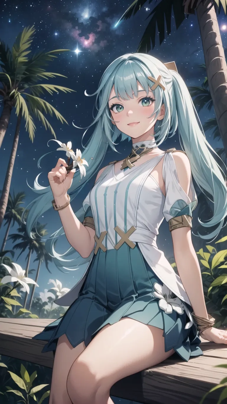 an anime image of a woman in a dress kneeling on a bench and holding a flower in her hand, near palm trees and stars