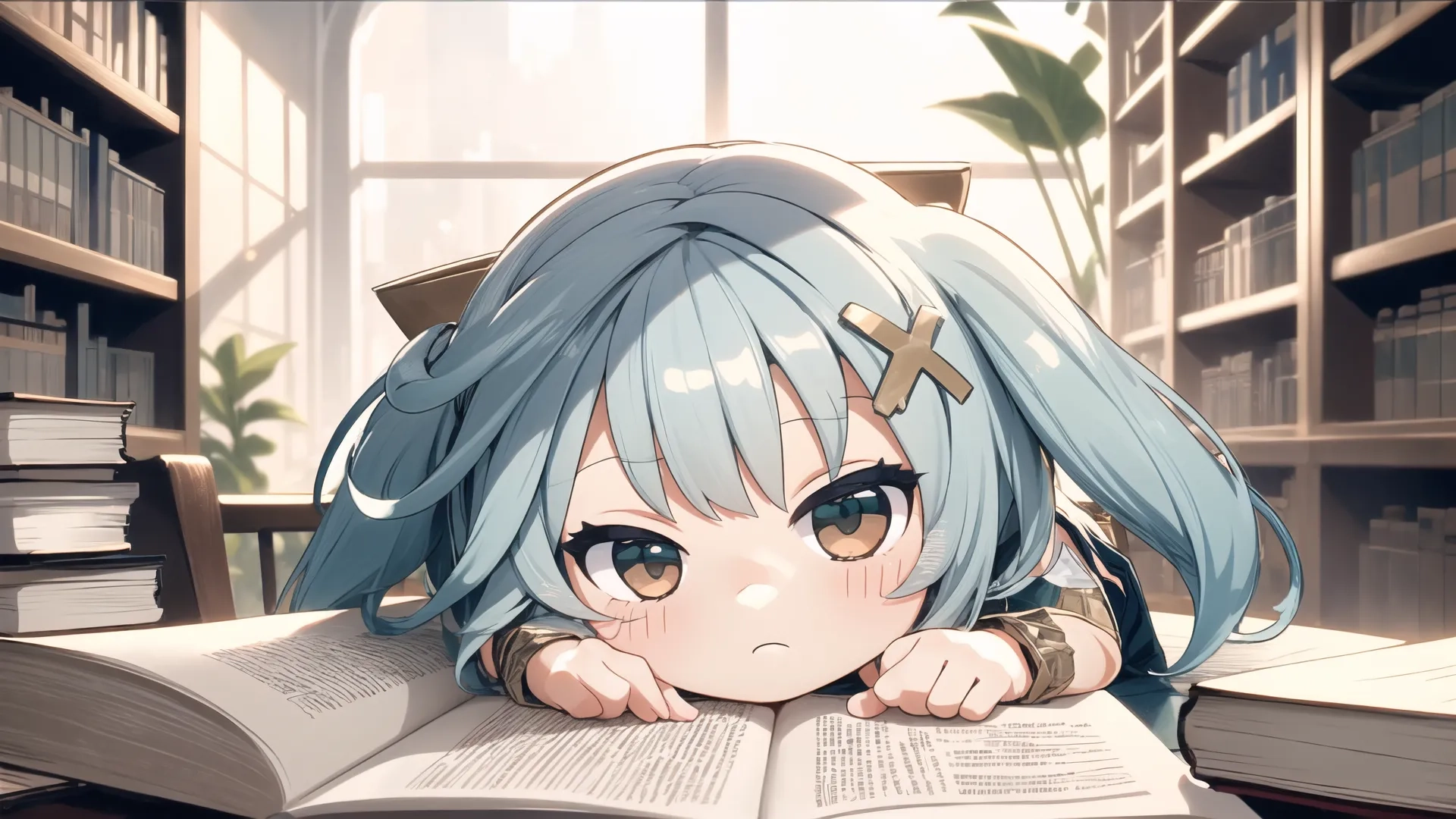 an anime is reading a book near some books on a table, with a plant in the background, with plants growing out of the windows