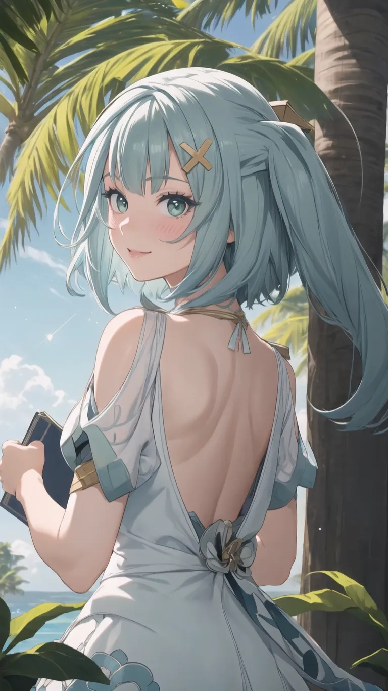the back of a woman's skirt of blue - green hair in front of a palm tree and ocean area, with blue sand in the background