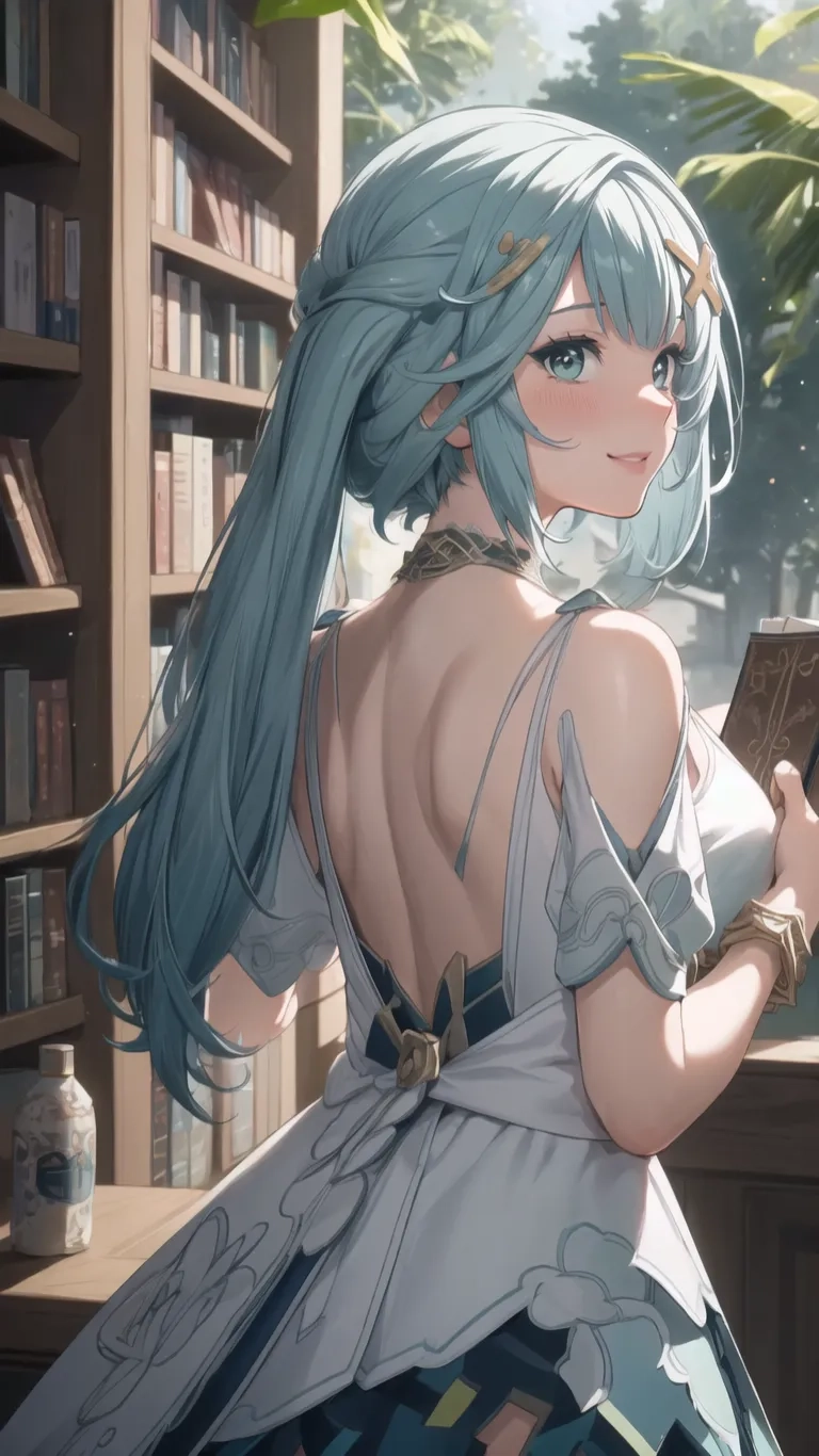 a anime character in the middle of a library, looking over a book on a table in front of a bookshelf full of bottles