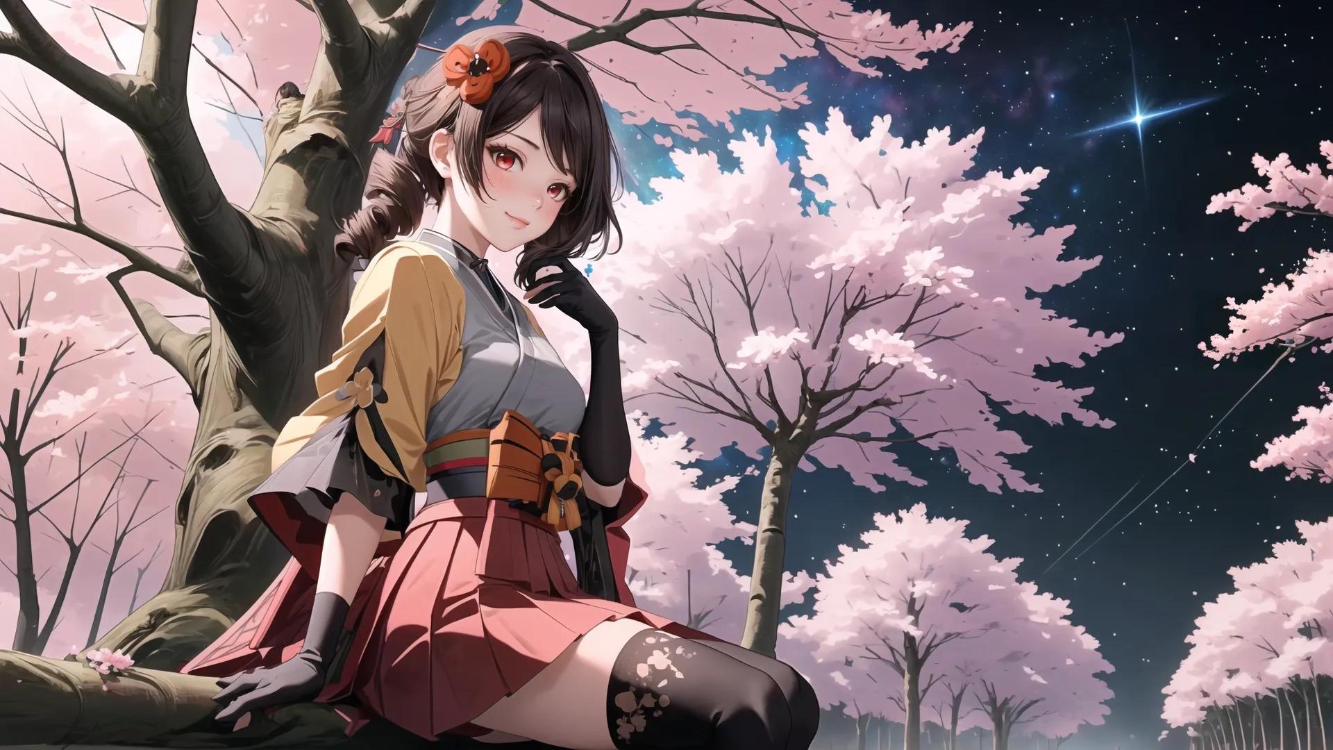 a girl sitting with her back to the camera in the woods posing for a photo and an image of trees surrounding her, the sky appears to be very blurry and purple pink