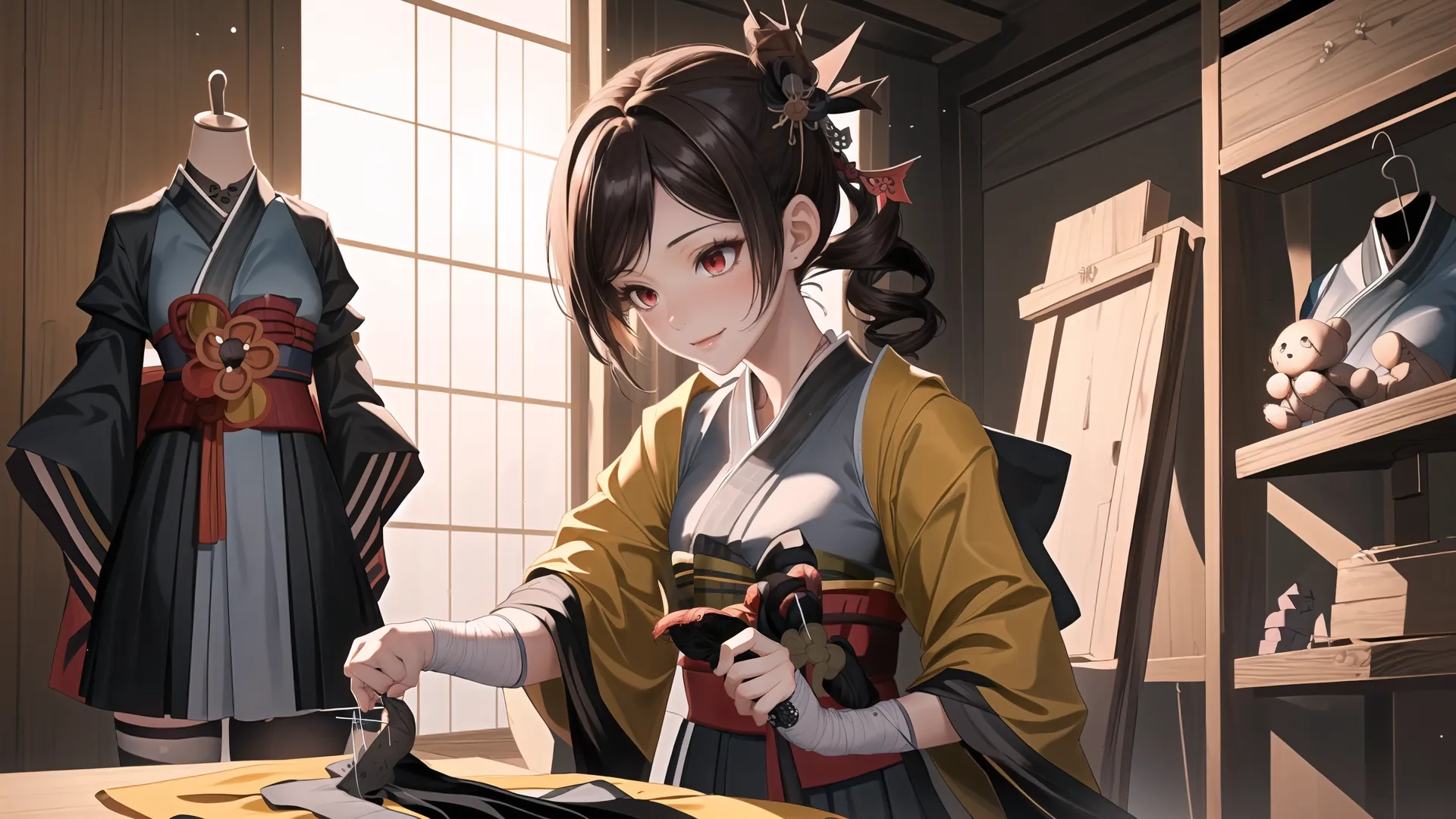 the person is cutting some food on the table while wearing traditional clothes sitting at a chair in front of them and wearing traditional attire at the window display