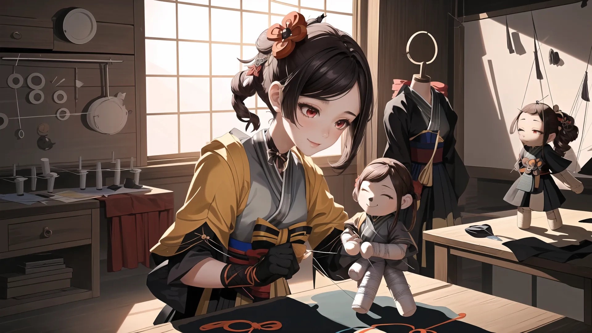 two females hold dolls in the midst of an office with people standing behind them and looking on while the woman sits at a table near her