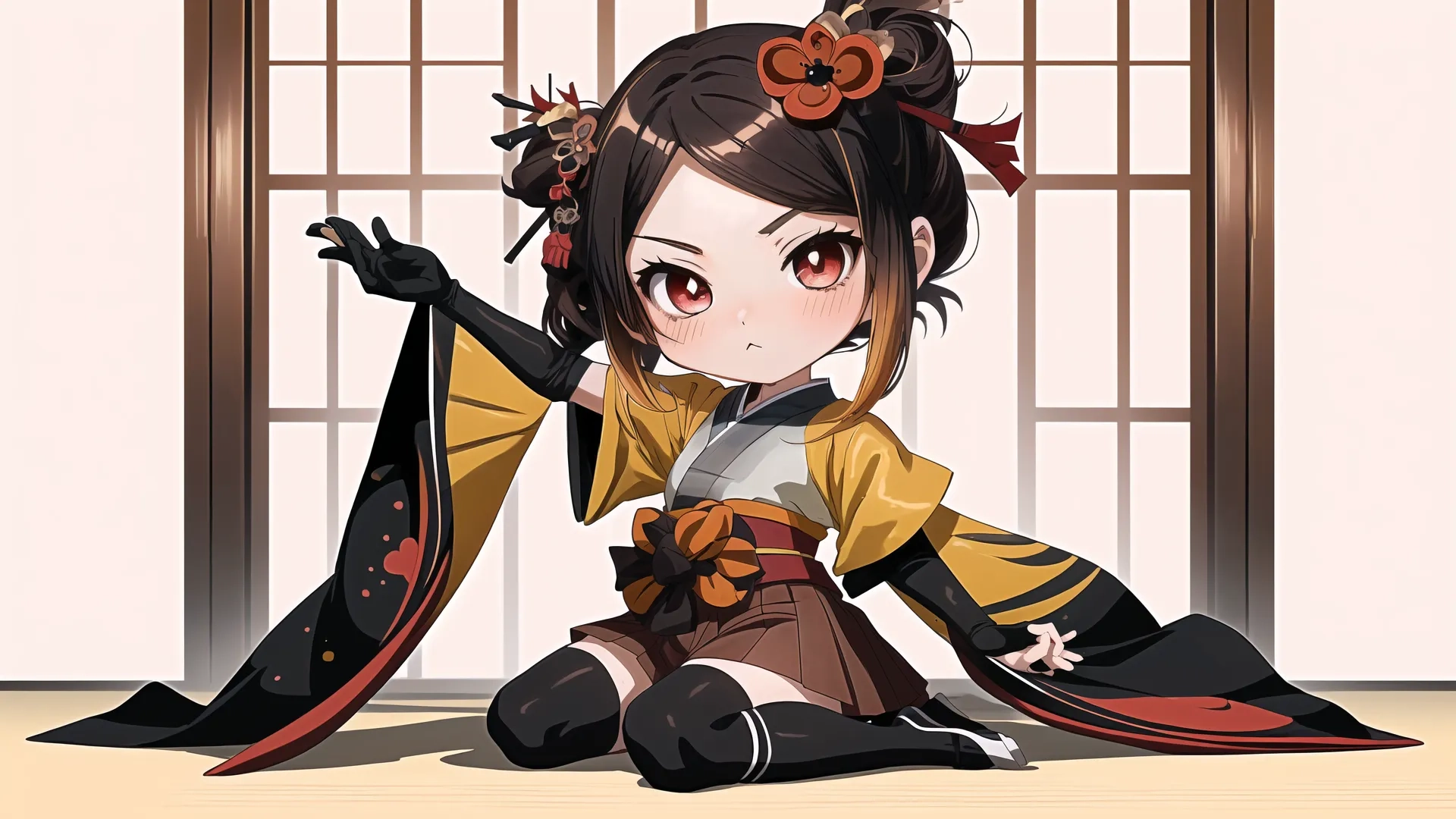 an artistic image of a young woman in costume sitting on the floor in front of window silles with long black hair and holding a sword