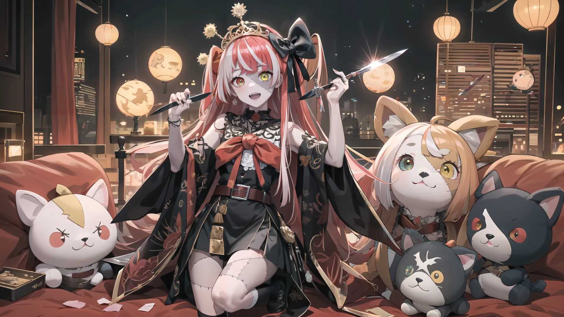 the anime character has five cats behind her, as if in a game or someone is not playing there for the game to be a story