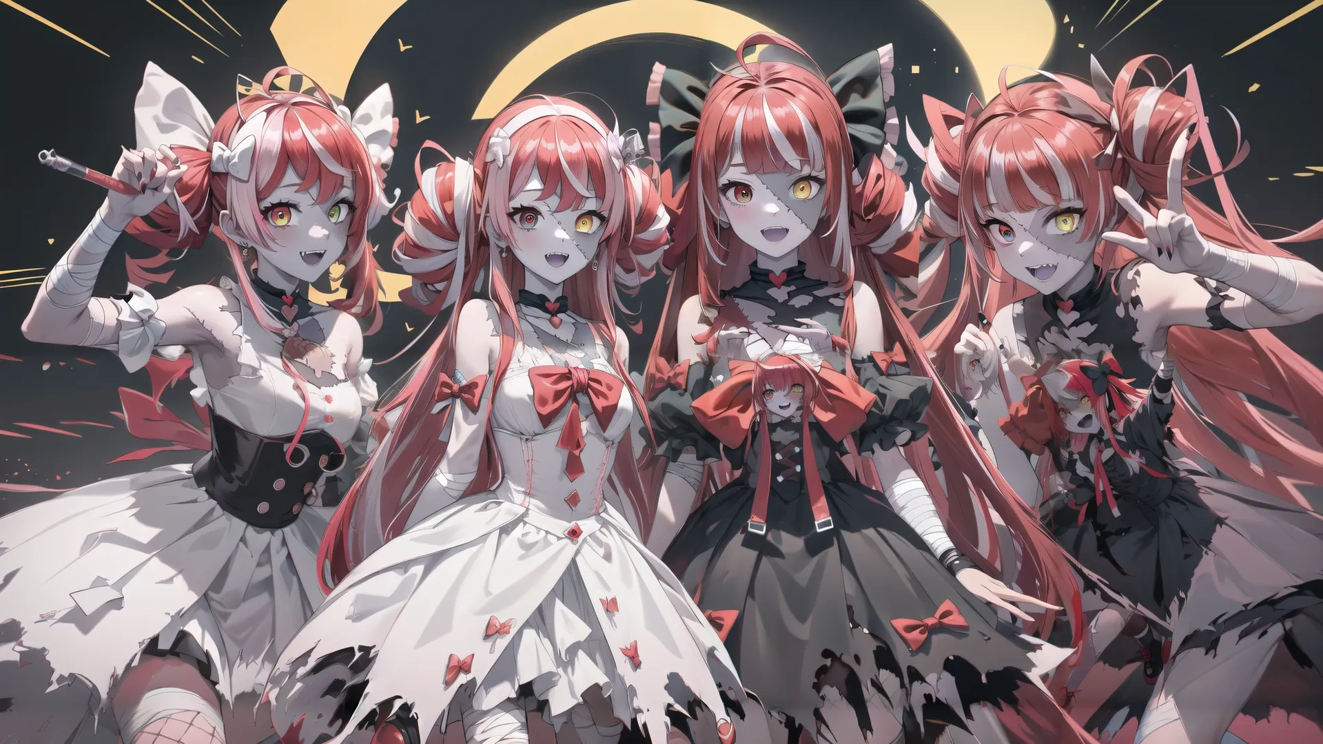 four anime girls are holding knives and pointing at something in the dark with bright lights around them, all staring forward at something in the distance
