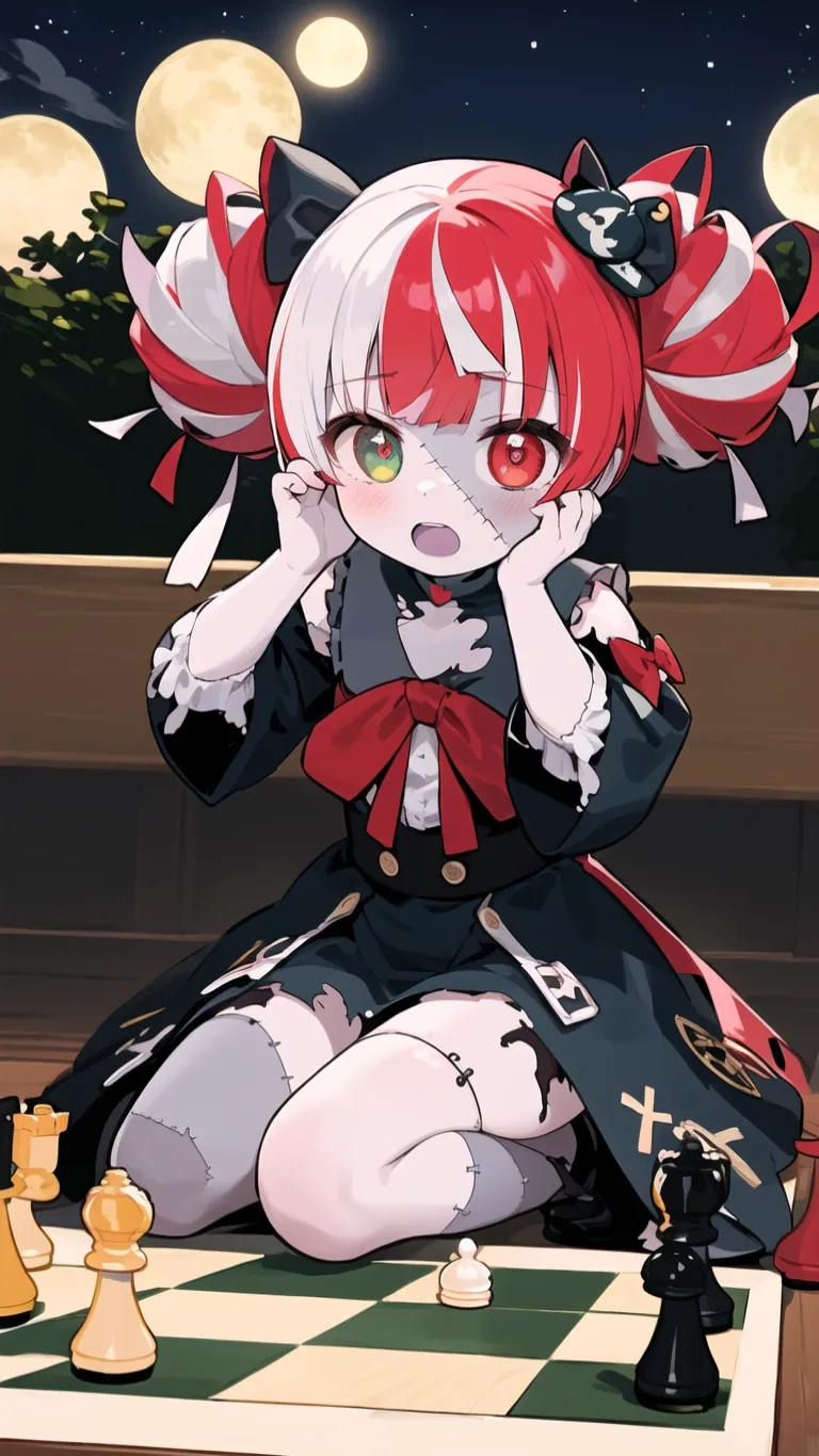 anime - style character with her red / black dress on the pavement near a chess set and a full moon in background from the scene