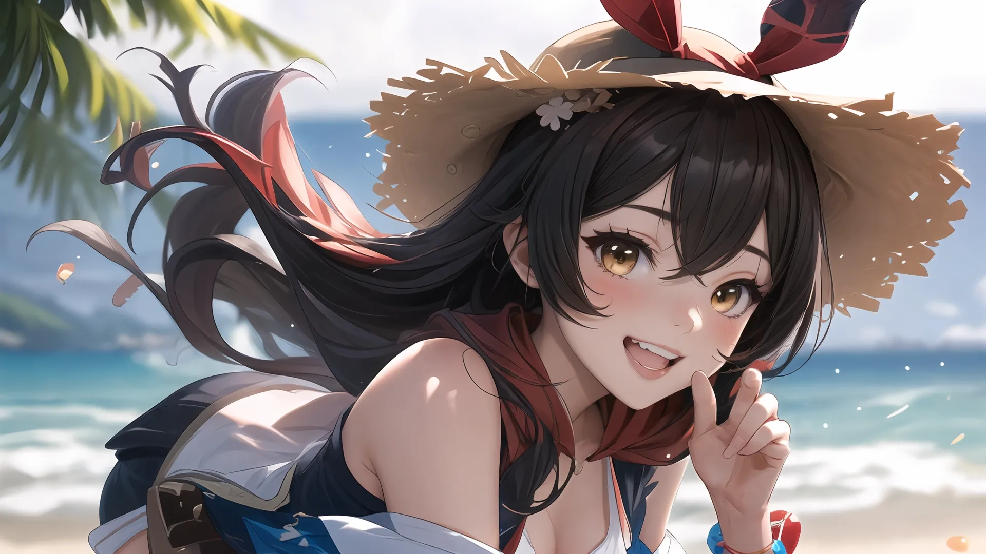 an anime - style female with long black hair laying down and wearing a straw hat near the water and beach area as if blowing an object