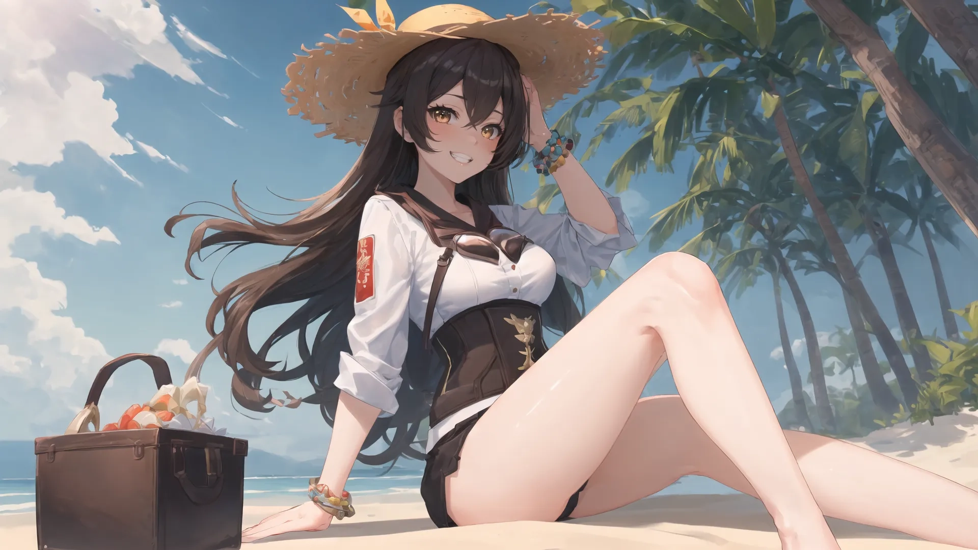 there is a girl on the beach, holding a purse and a hat, looking for something to draw in her hand or someone behind the board