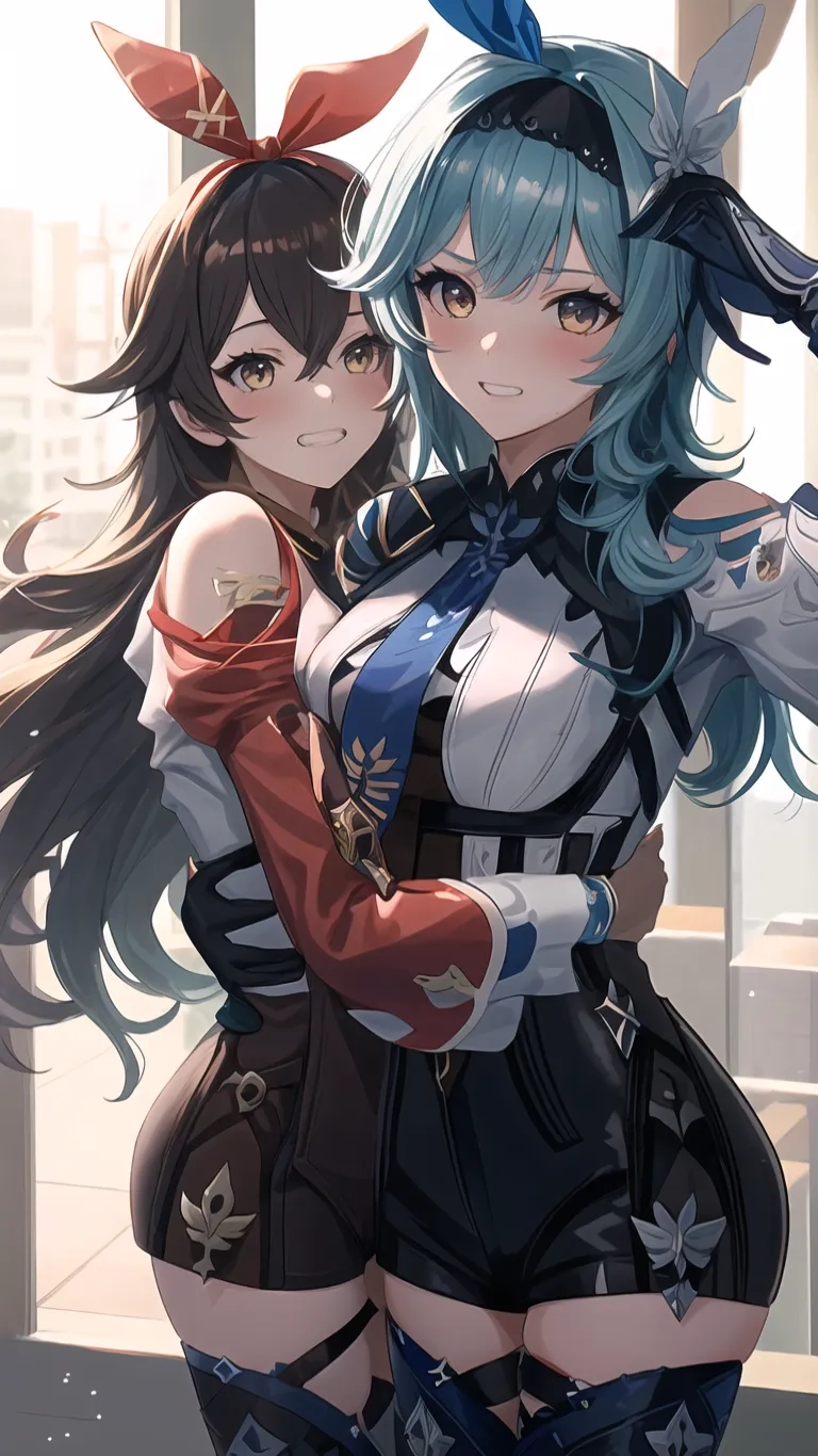 two anime characters pose for the camera with one is half naked and the other is half dressed in a couture skirt and blue top