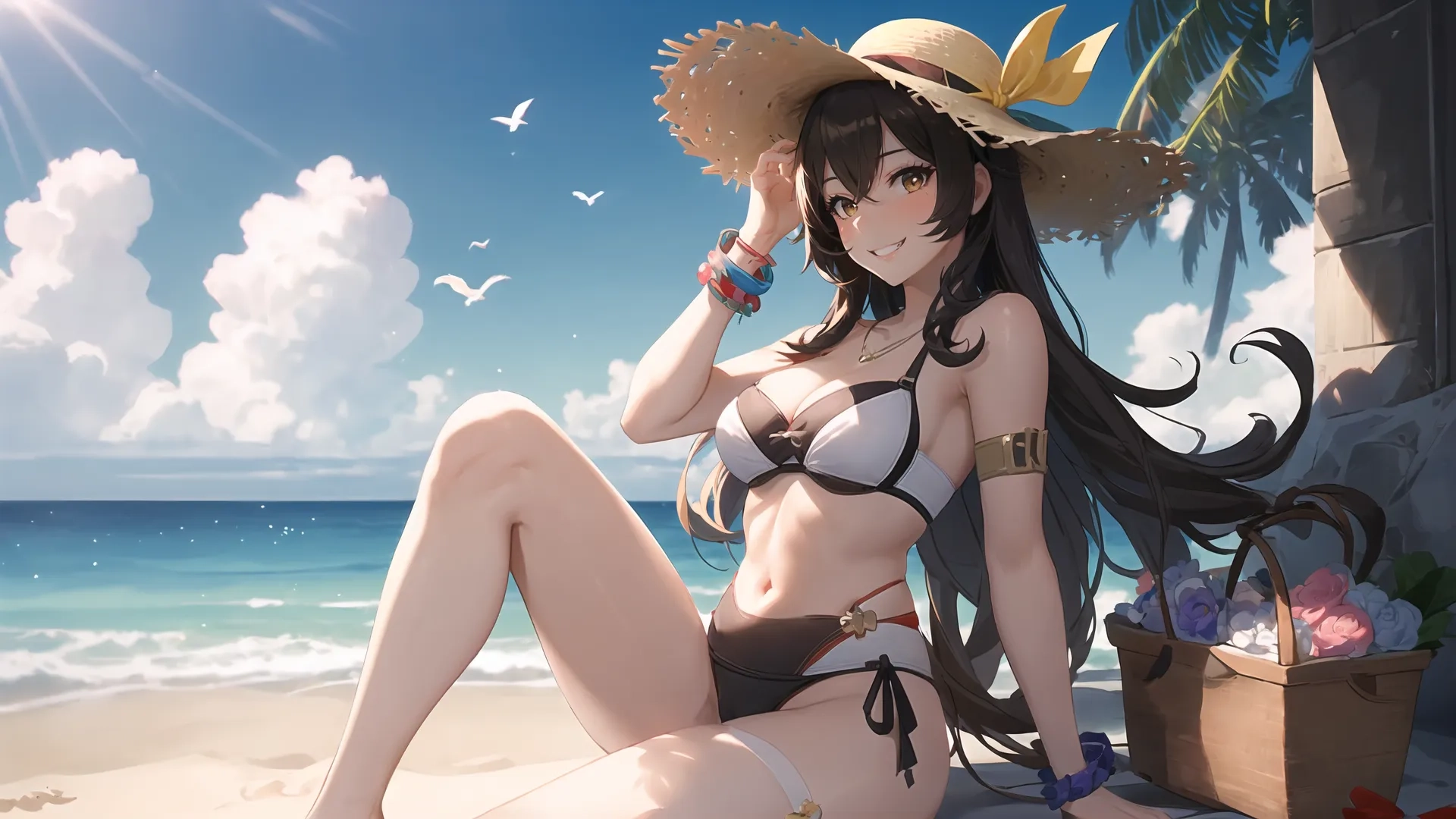 a man with a hat laying next to a woman sitting on a beach chair next to the ocean and birds flying around her, using a camera
