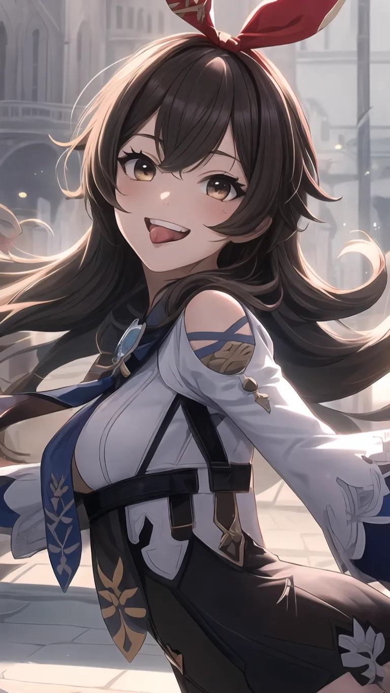 image of girl with brown hair and blue dress looking in the camera and smiling at the camera and holding a large weapon at the front