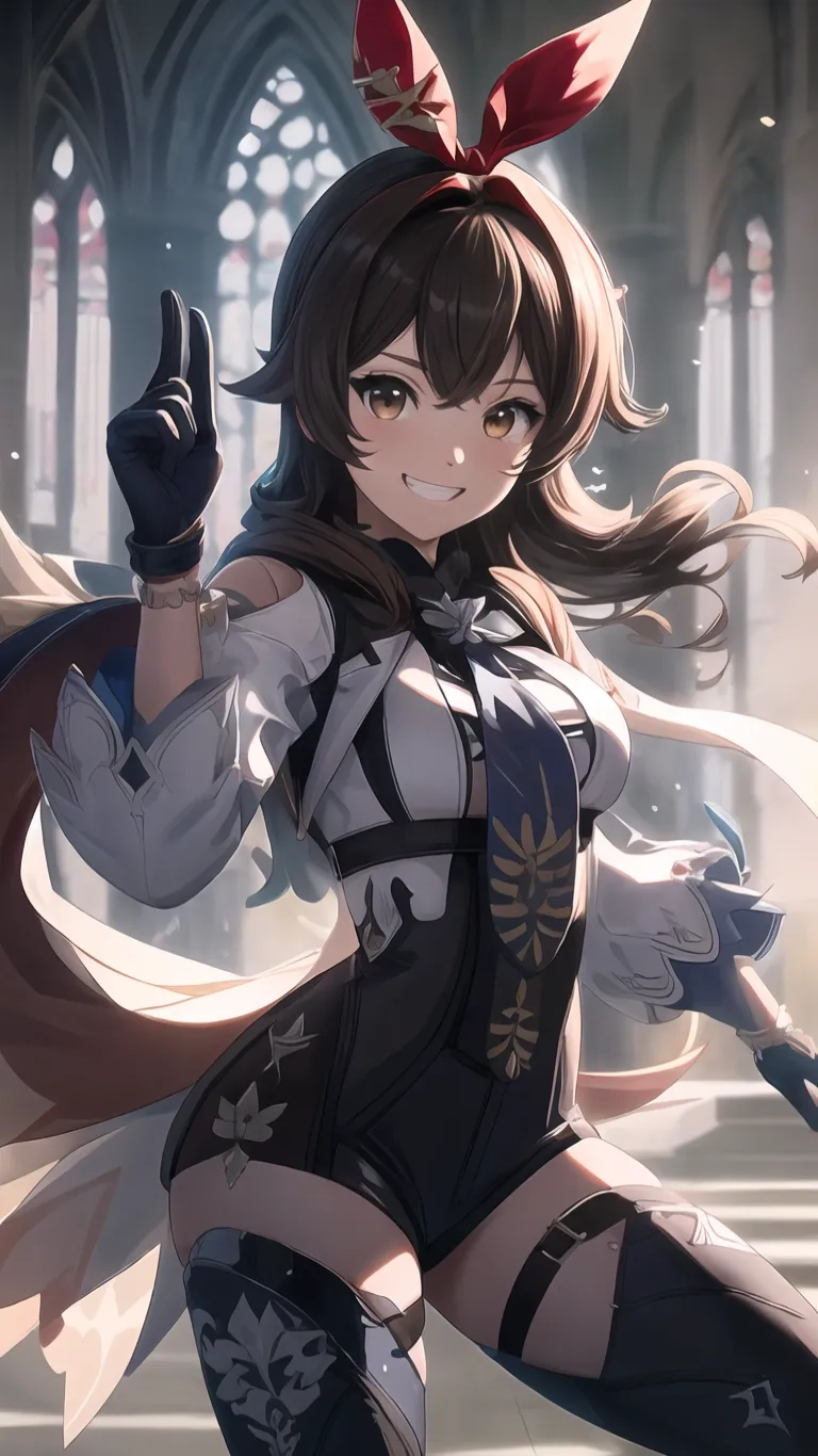 anime girl with red bows is posing in a gothic room holding her knife a bit taller than it's handle and fingers up, with both hands