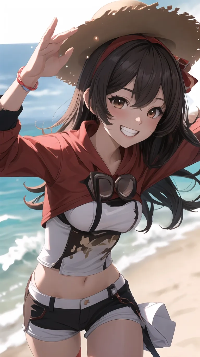 anime character standing in front of the ocean wearing hat and glasses, in an artistic fashion and make - up by a sandy beach on beach