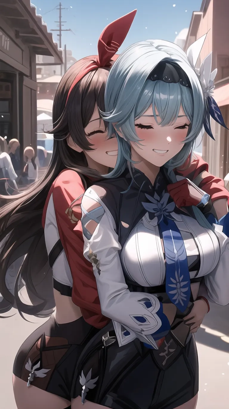 two women dressed in costumes and hats are hugging on the street while people wander nearby on the sidewalk near buildings and a sign saying suchi