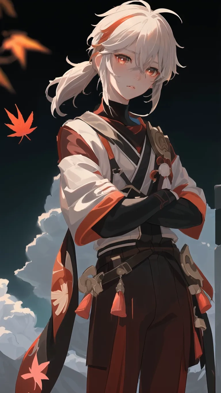 anime style girl with white hair looking up at something in the dark distance and bird flying nearby at her side under the tree line of view