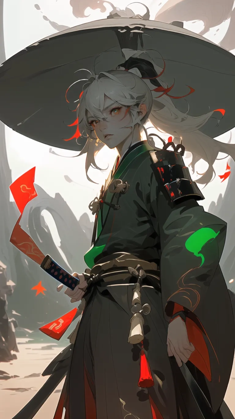 a woman in an animated oriental dress standing outdoors with two swords and a large black umbrella near a mountain with red flags flying overhead from her
