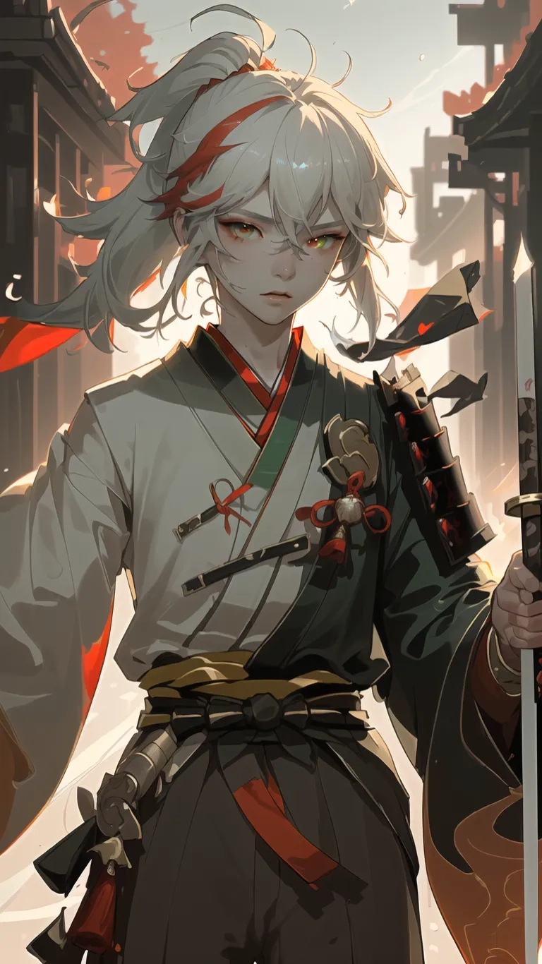 a girl with white hair is wearing a gray and blue outfit with a red ribbon on her arm who she has the letter b on her left hand