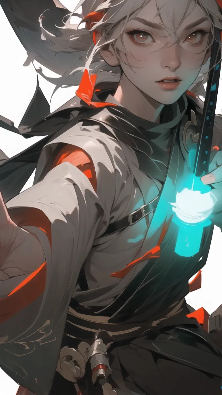girl holding glowing apple by her arm in a white space with black lightning bolters around them and one hand outstretched out toward the sky