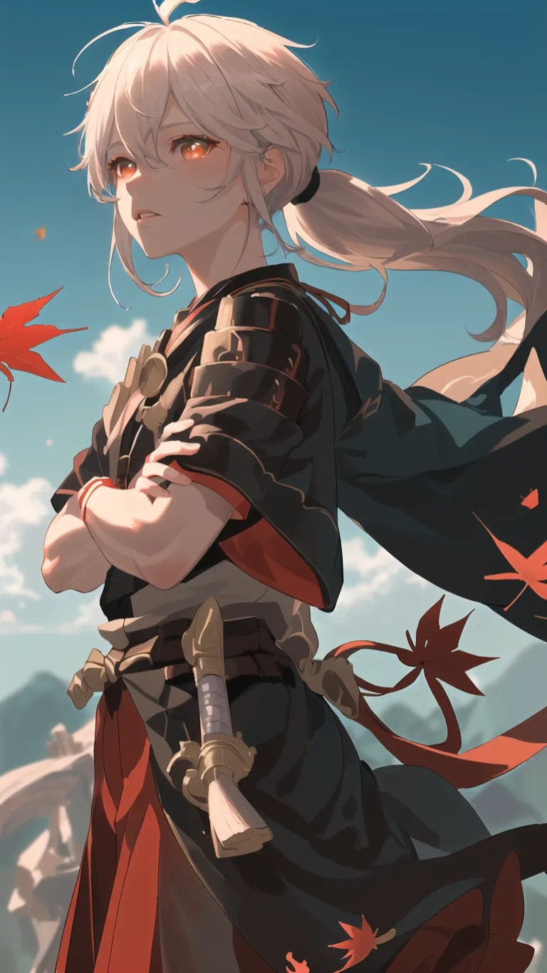 anime, anime girl, black dress, nature, blonde, leaves, autumn, flying, brown, white hair, long haired boy