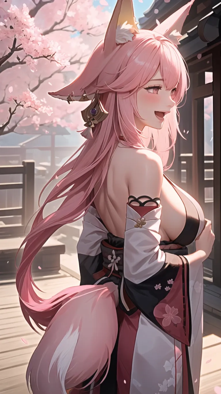 asian painting of japanese girl posing in sakura blossoms and dress of a maidens costume, the back view is shown with a gazel in pink