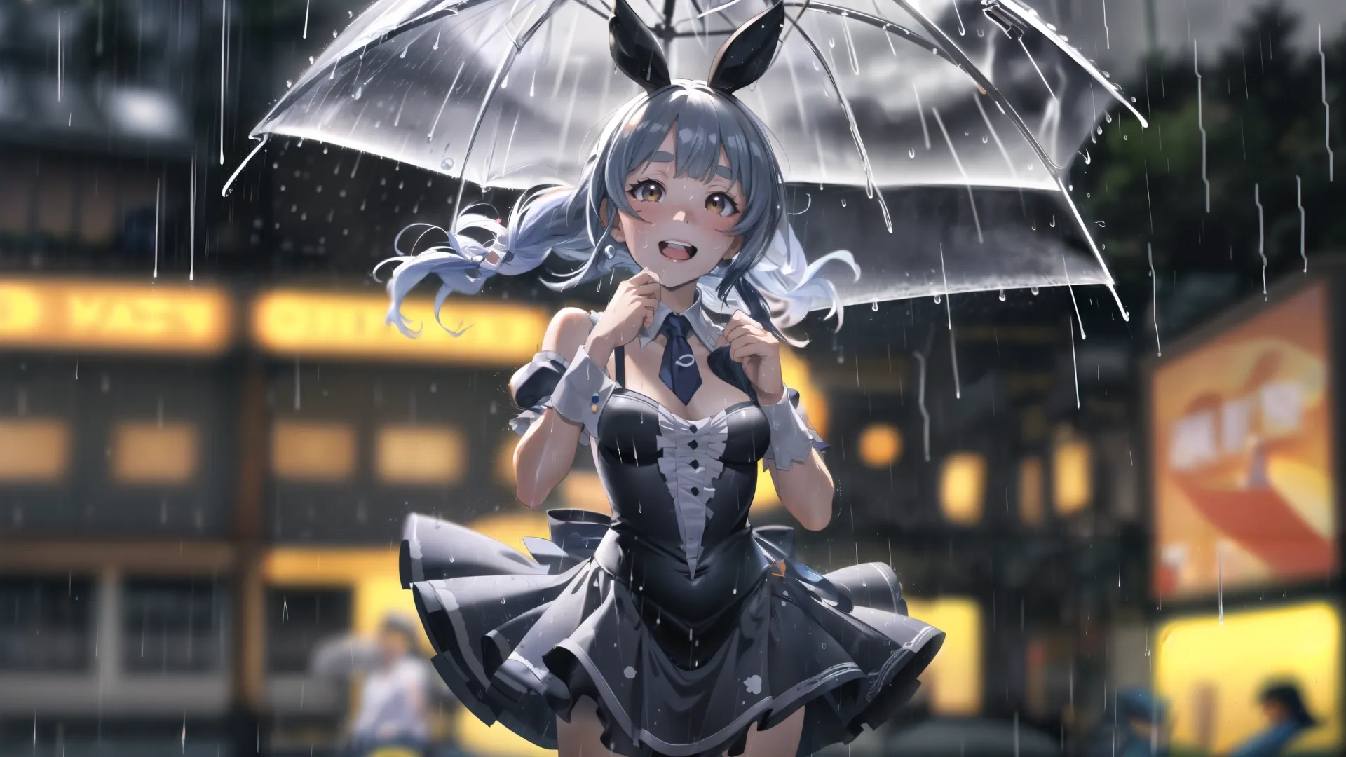 woman dressed in a black dress standing under an umbrella in the rain wearing an outfit with rabbit ears on it with buildings in the background