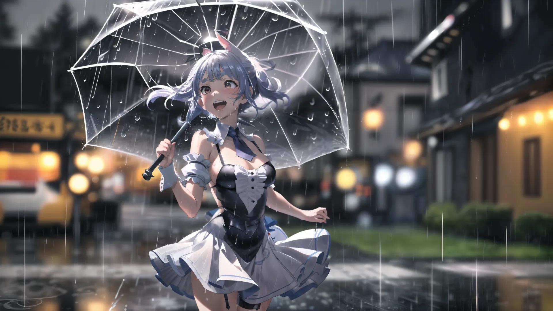 a woman walking at night in the rain while holding an umbrella over her head and posing for the camera, with a taxi in the background