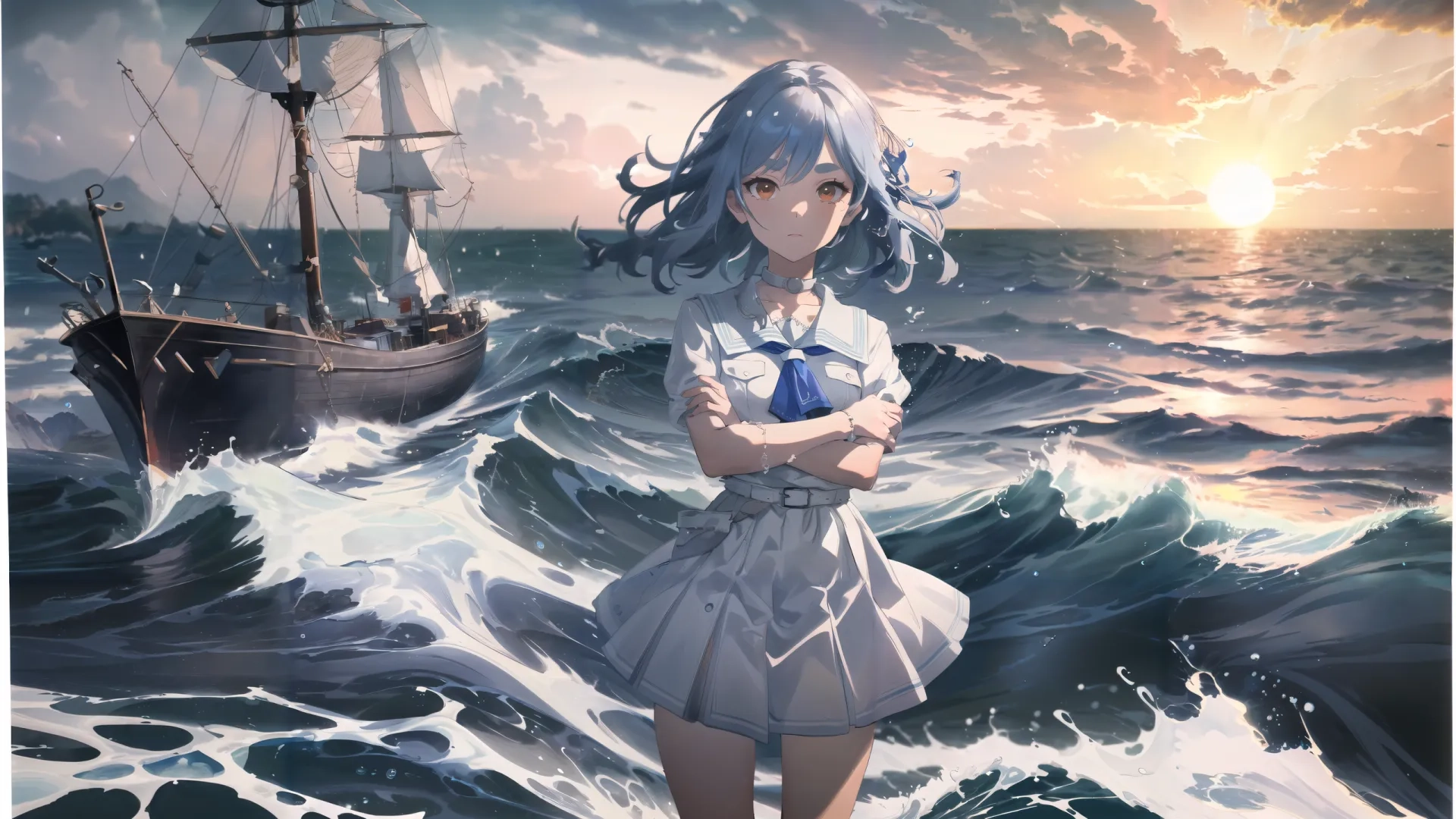 woman standing on a mountain near sea next to an old ship at sunset or sunrise with setting sun and sail in the background with waves