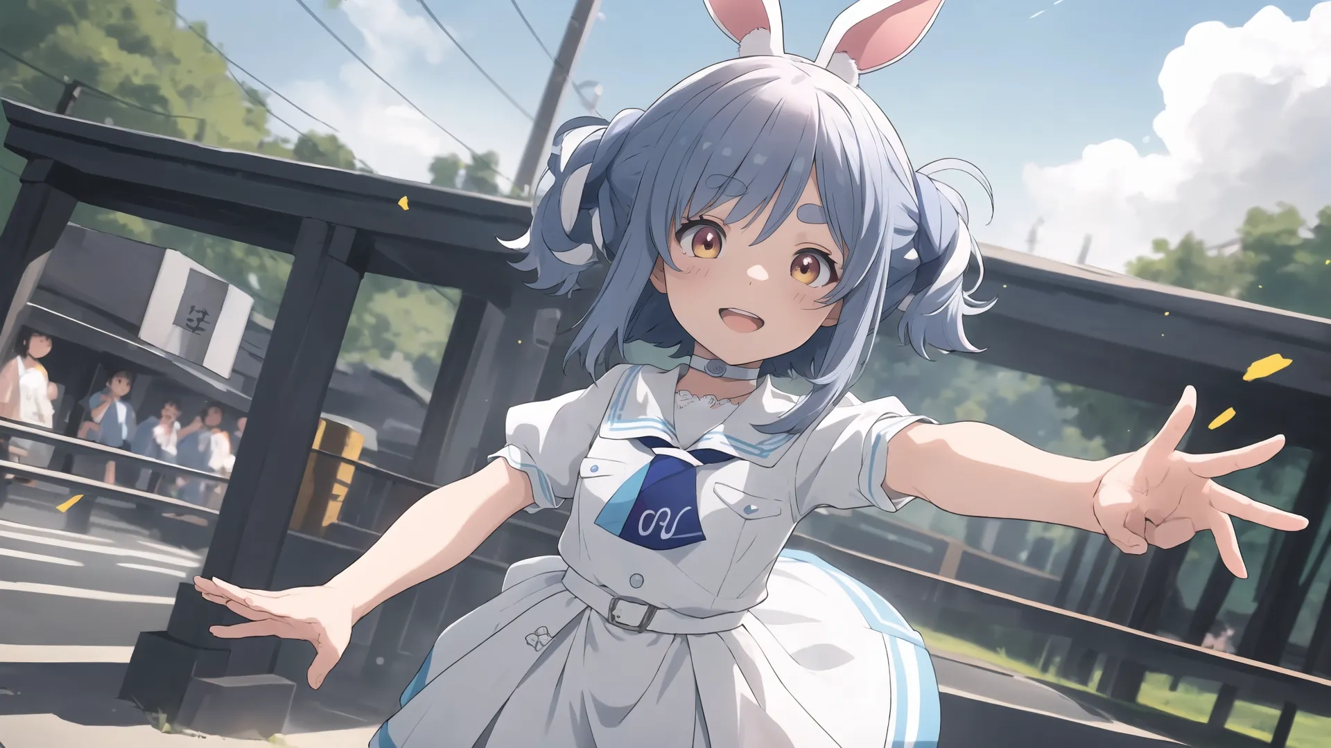 a girl is standing outside in the sun with her arms outstretched out for a handshake to a schoolgirl in front of her