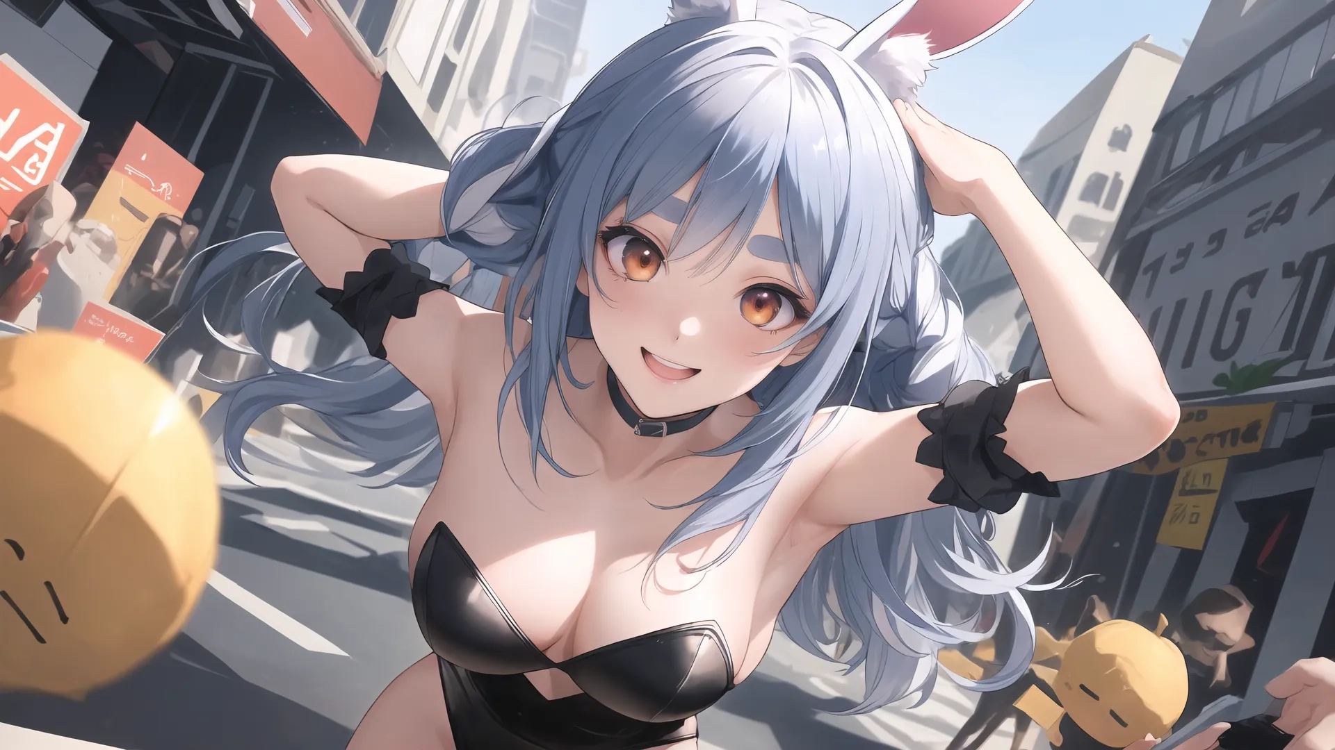 a young female anime character looks surprised on the street holding up a knife in her left hand behind her head she stands near tables with an umbrellas on the sidewalk
