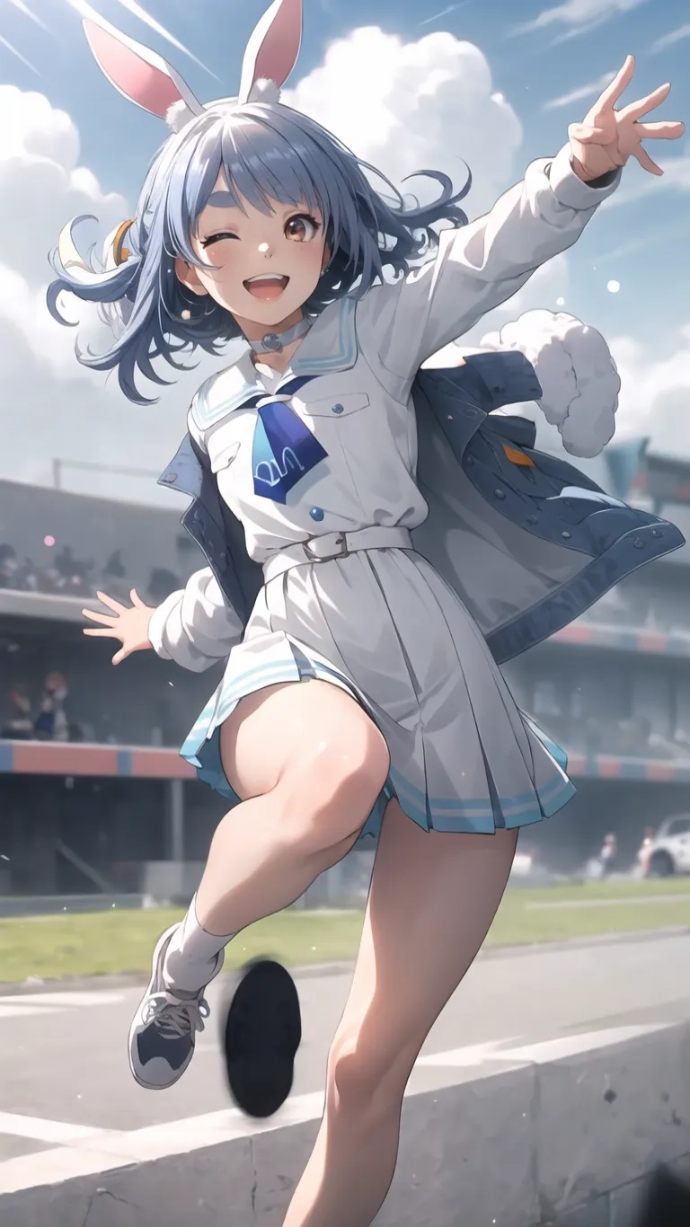 an anime dressed girl wearing bunny ears jumping in the air with her arms outstretched as if for a jump to catch someone off of another one of