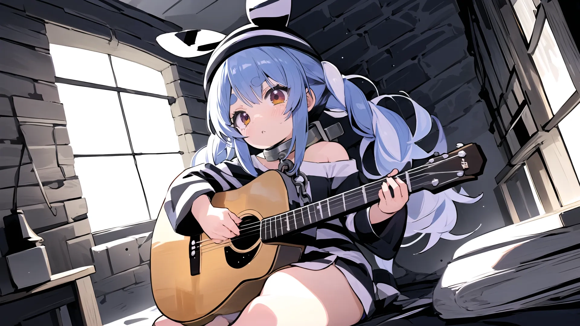 the artist is playing a guitar by his window by himself using a cell phone for perspective and one hand holding it close to her head