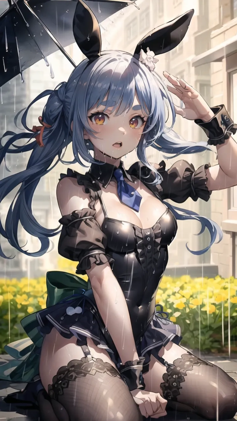 a anime character wearing black clothes sitting in the rain, with ears and ears sticking out, holding an umbrella above her head and black shoes