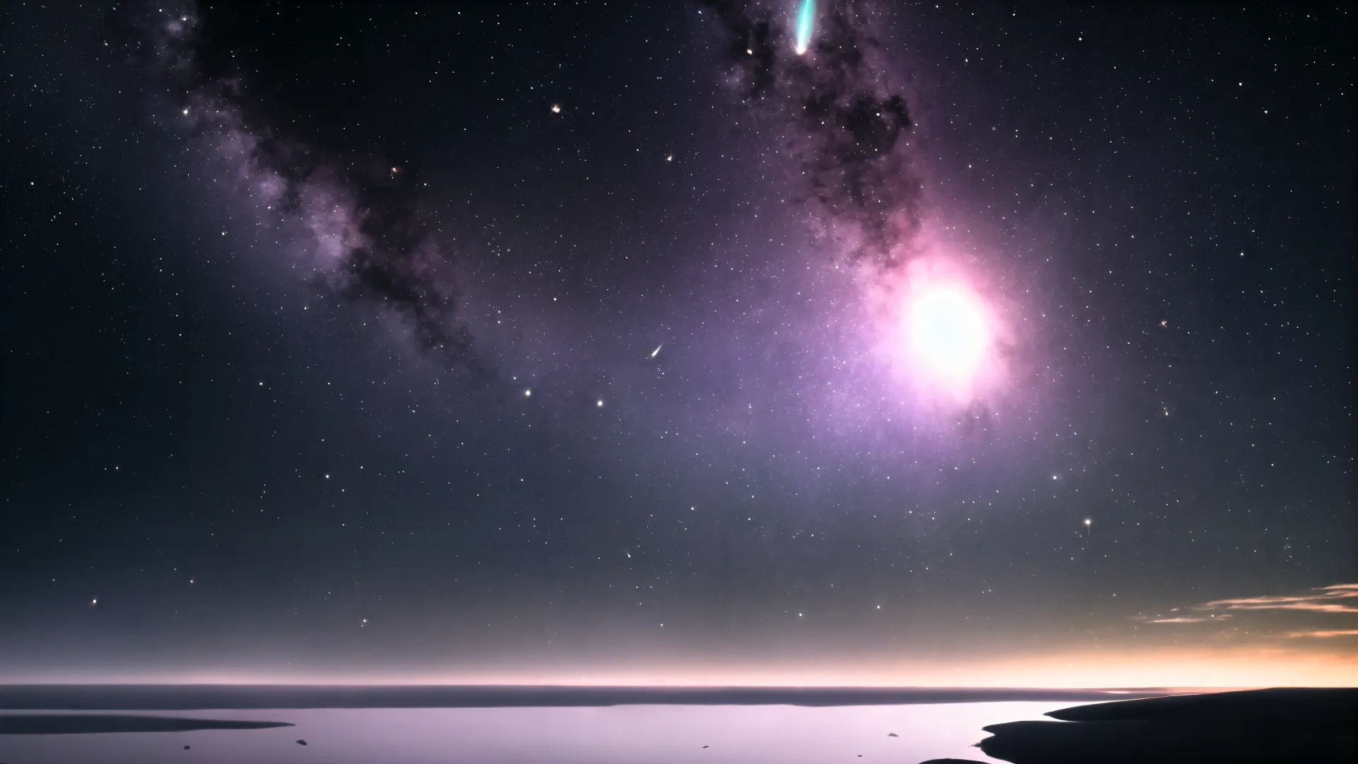 planets are in the dark of night sky as seen from a plane window of a plane in the water, with land and cloud in the foreground at the background