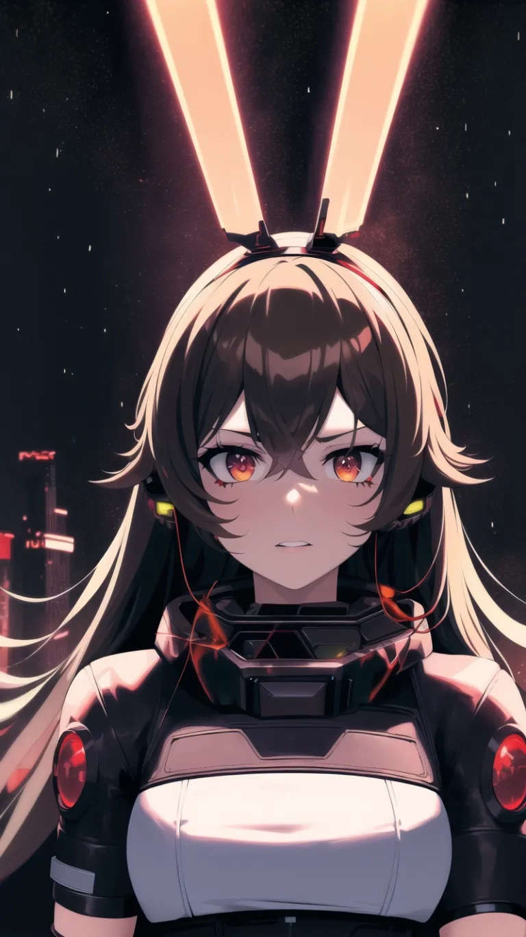 a woman standing in front of a building in the night, with glowing eyeshade and glowing ears on her face, posing for the camera