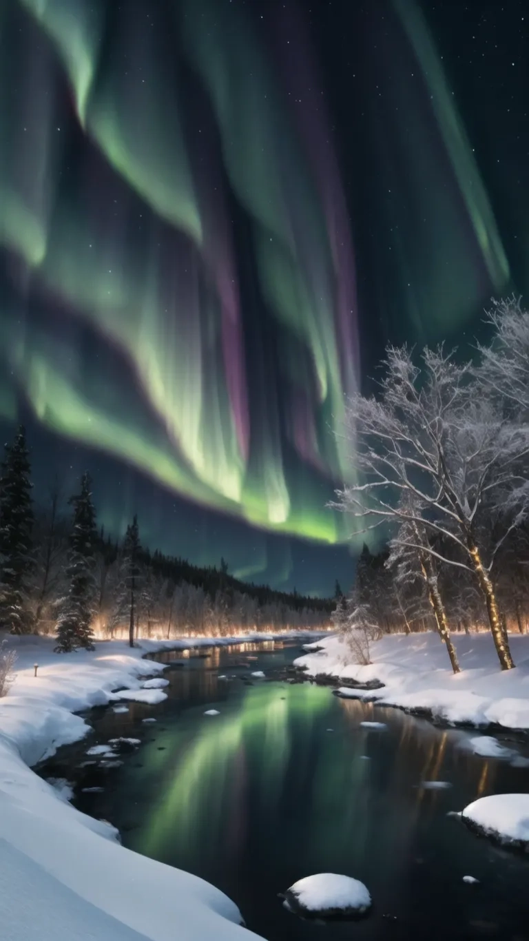 a long stream running through winter foliage under the aurora bores, with snow on it and trees in front of it, in finnish winter