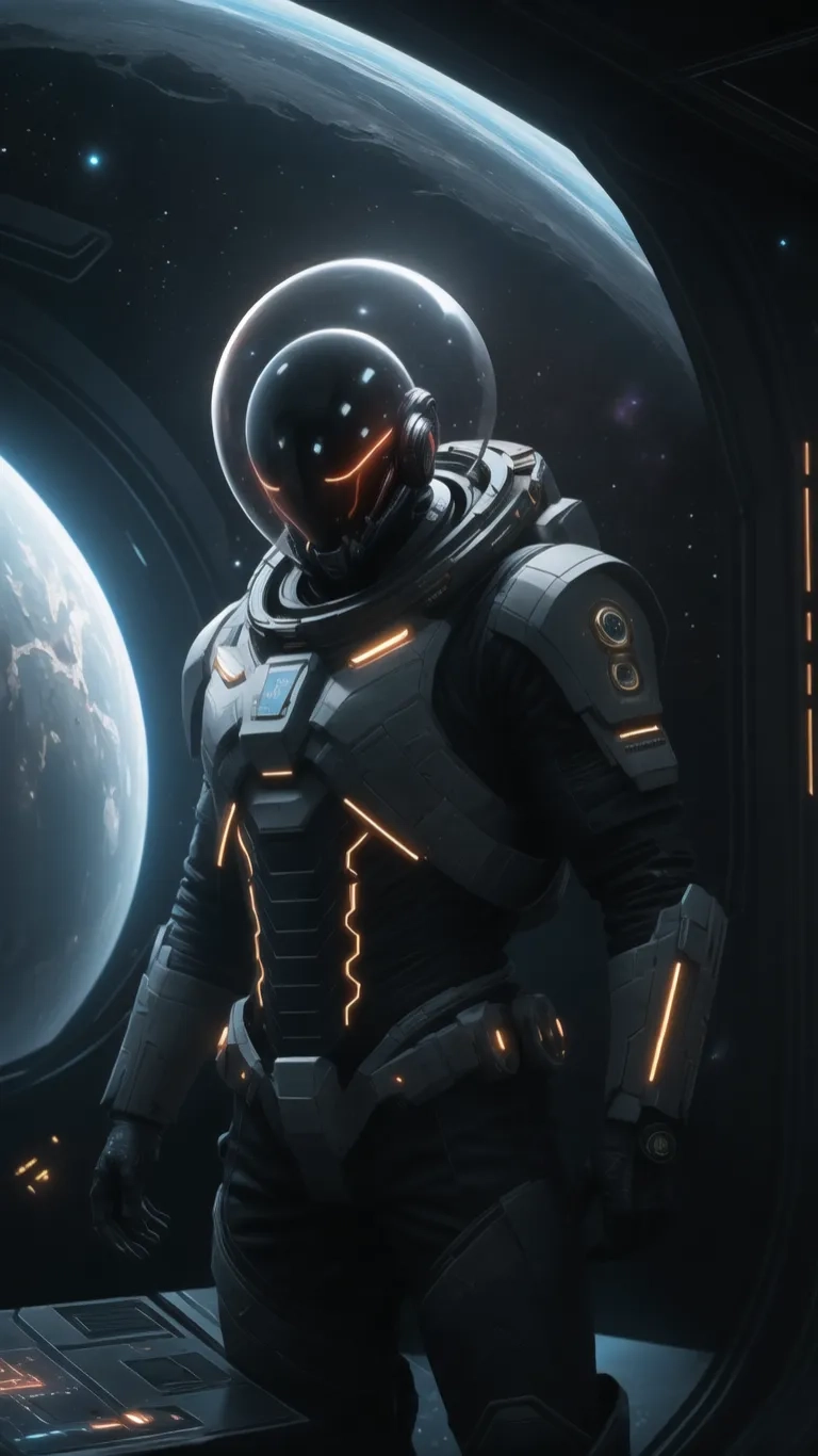 a man stands as if he is looking out an open space window in outer earth with the planet in the background and a rocket on the far distance in the foreground