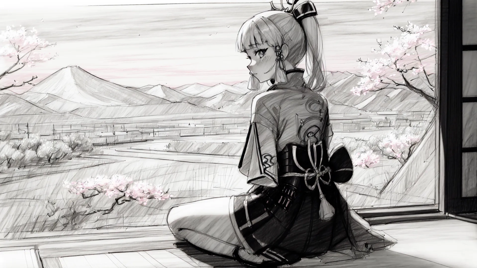 a girl in kimono looking out a window holding her black umbrella outside in the sunshine next to a landscape with flowers and trees in mid - lit up against mountains in the horizon