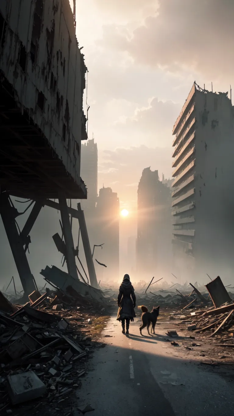 the city is set back in a massive rubbled area with a dog walking along between buildings and trash heaps surrounding it and man carrying a black and one dog