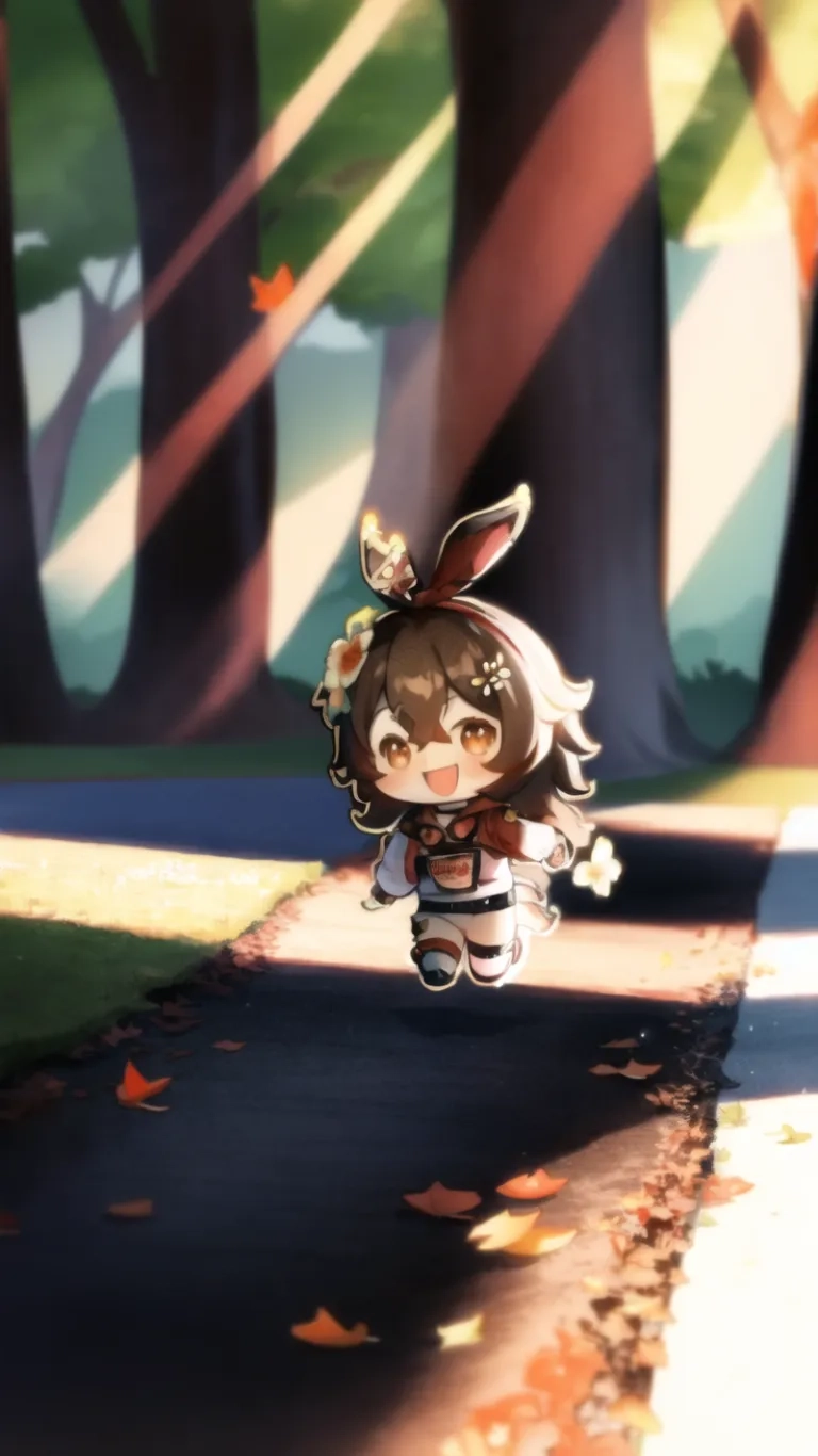 a woman is standing on a street and looking at something behind her while wearing bunny ears that resemble some ears on them that look like leaves on fire