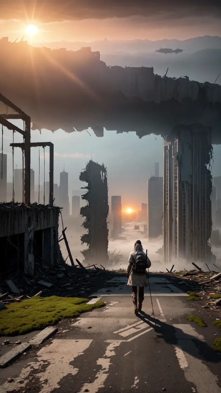 a person on a street in front of a building with a large overgrowth of rubbles, which is almost visible under cloudy sky