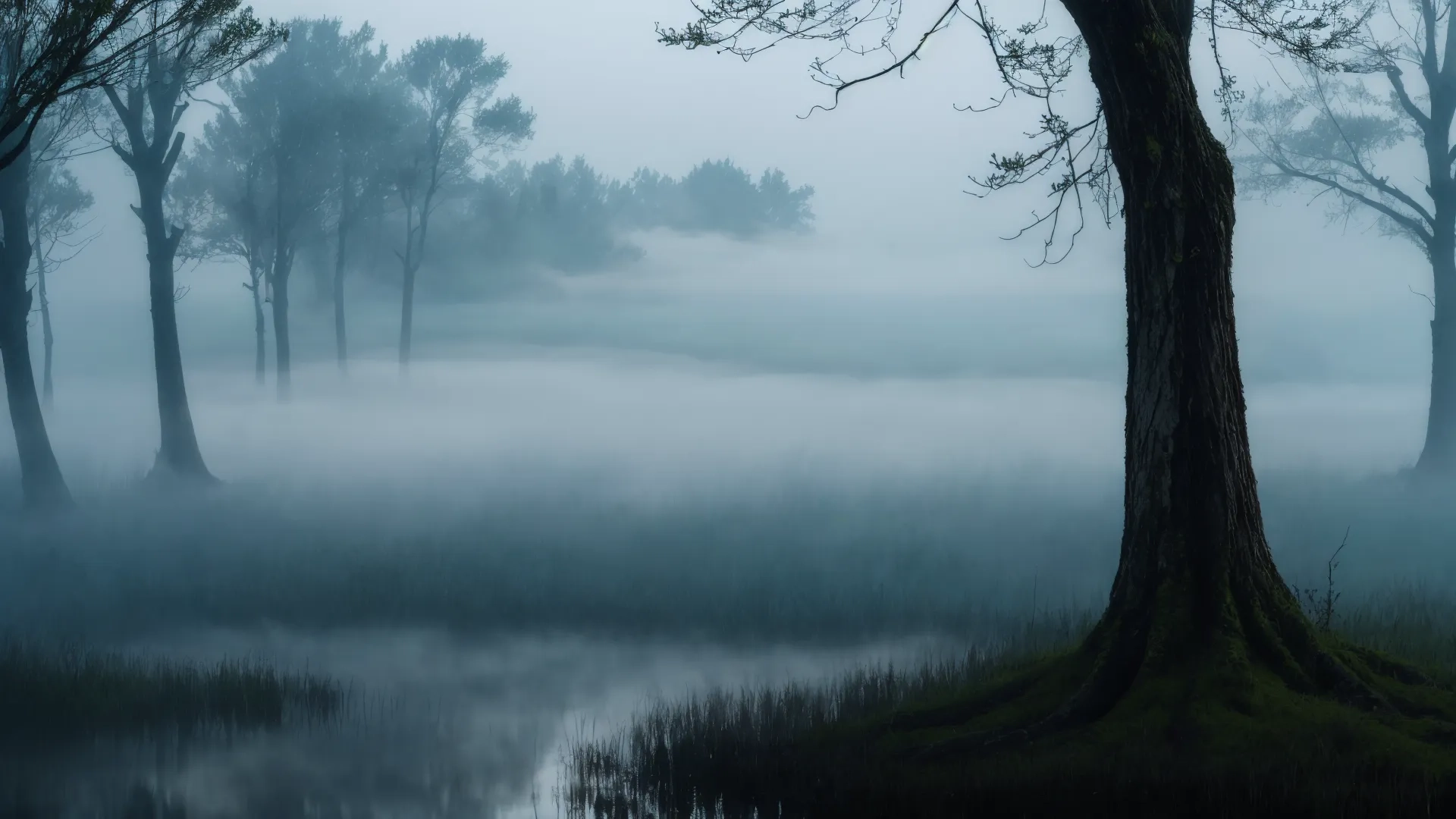 a foggy forest has been surrounded by trees and grass in the water, on a gray overcast day with dark edges and no leaves to the sky
