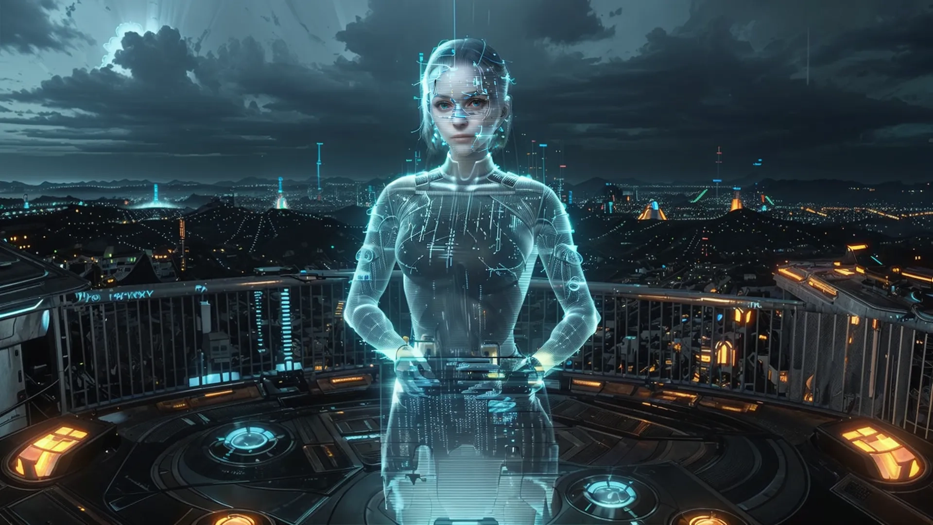 the digital face of an industrial creature standing on top of a futuristic building surrounded by city streets in the distance and high rise buildings on a