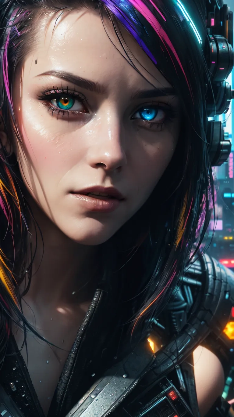 the portrait is of a woman wearing headphones and lighting on her eyes, in futuristic city space setting with neon lights and planets behind her
