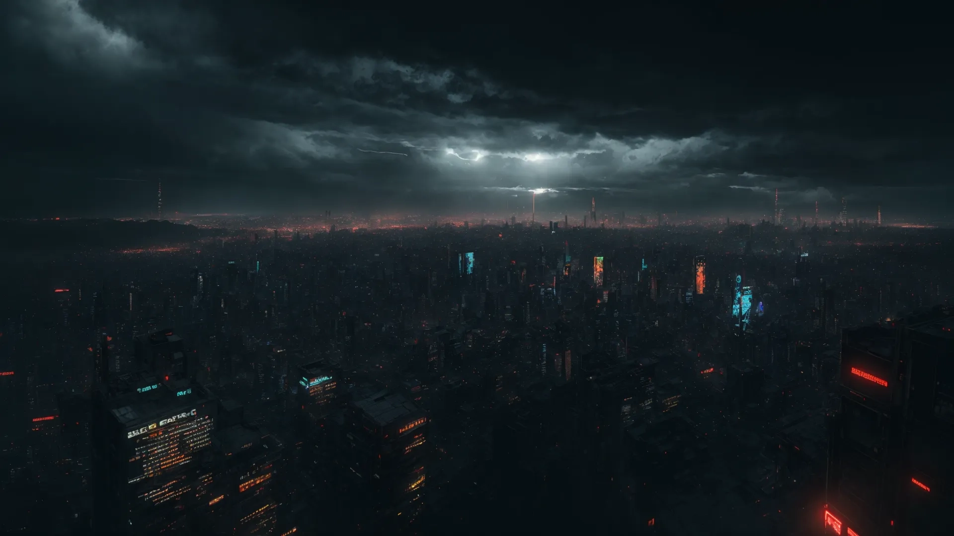 a futuristic city with sky and clouds at night time and light beams beaming from its window glass window shades over the street below and nearby