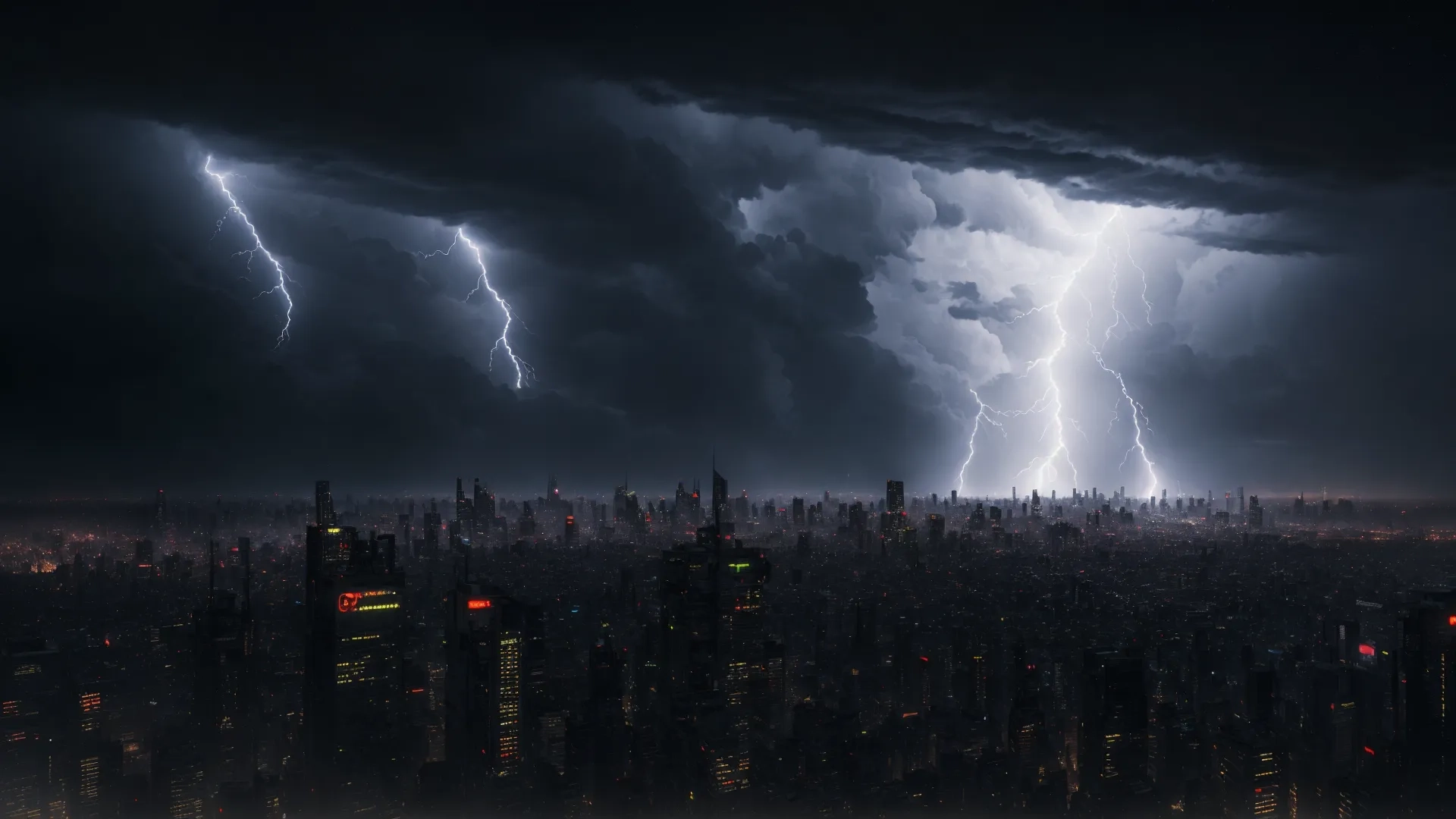 a lightning strike is rolling across the top of a skyline as it rains and strikes into the air through heavy clouds above cities in this view