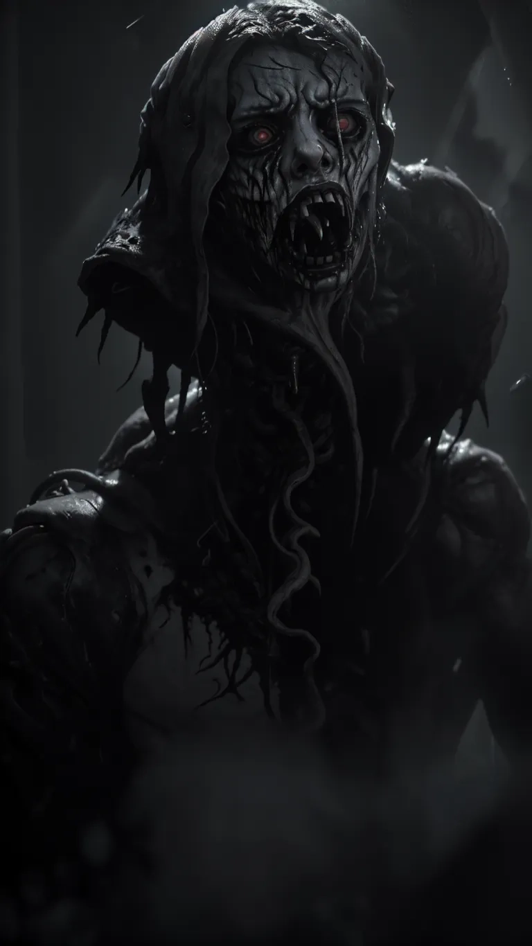 a creepy looking zombie creature with very big eyes and massive feet ready to attack in dark colors on a dark background concept painting illustration series